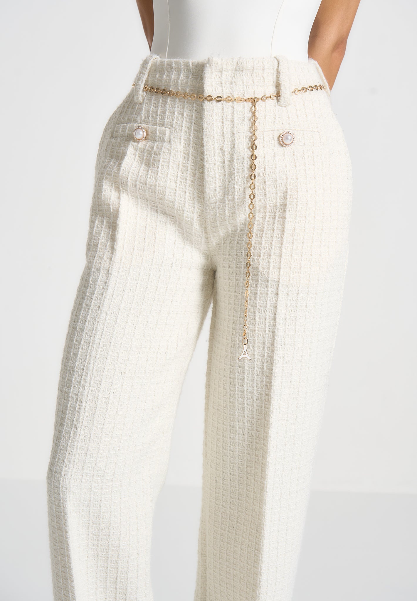 Nathalie - Tweed Pants with Belt - Cream