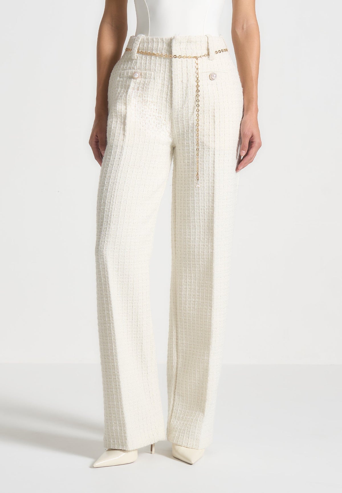 Nathalie - Tweed Pants with Belt - Cream