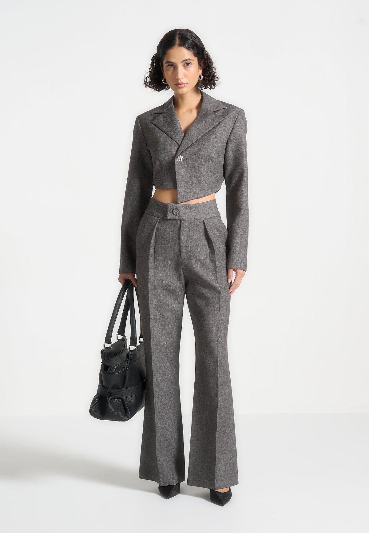 Elsa - High Waisted Tailored Pants - Grey Marl