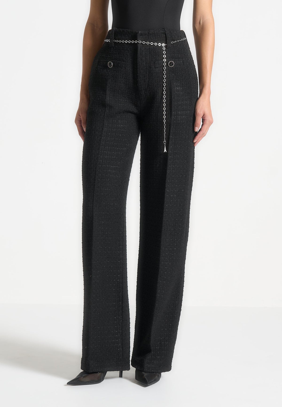 Nathalie - Tweed Pants with Belt - Black