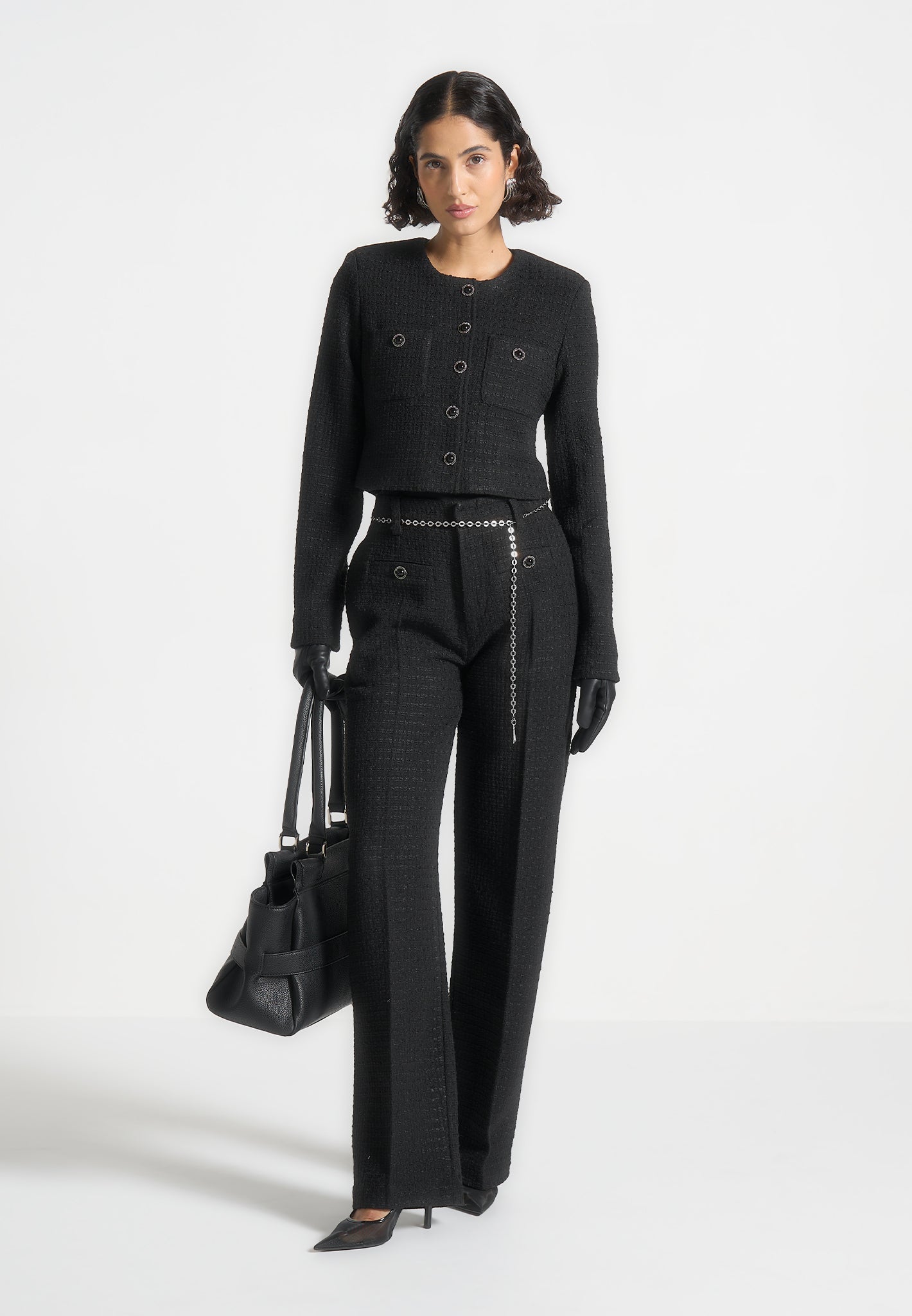 Nathalie - Tweed Pants with Belt - Black