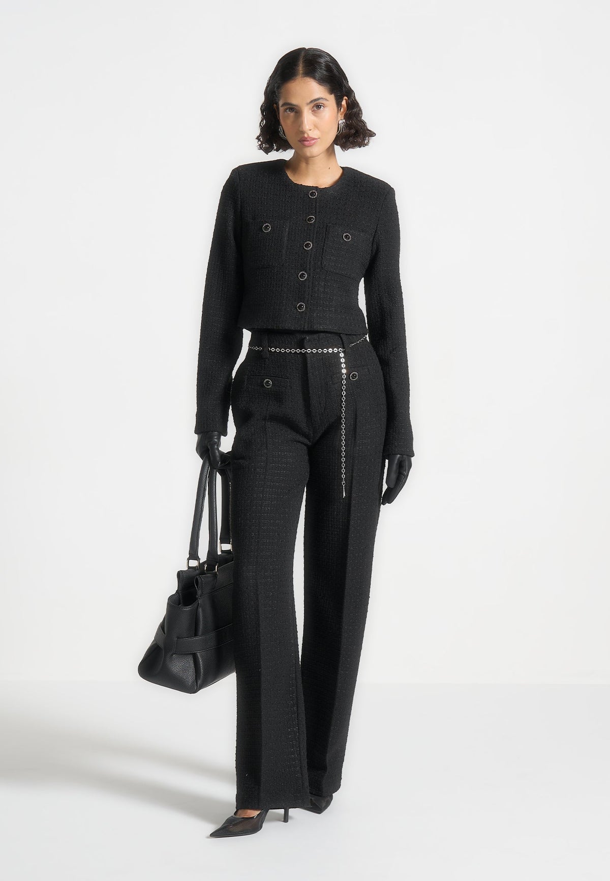Nathalie - Tweed Pants with Belt - Black