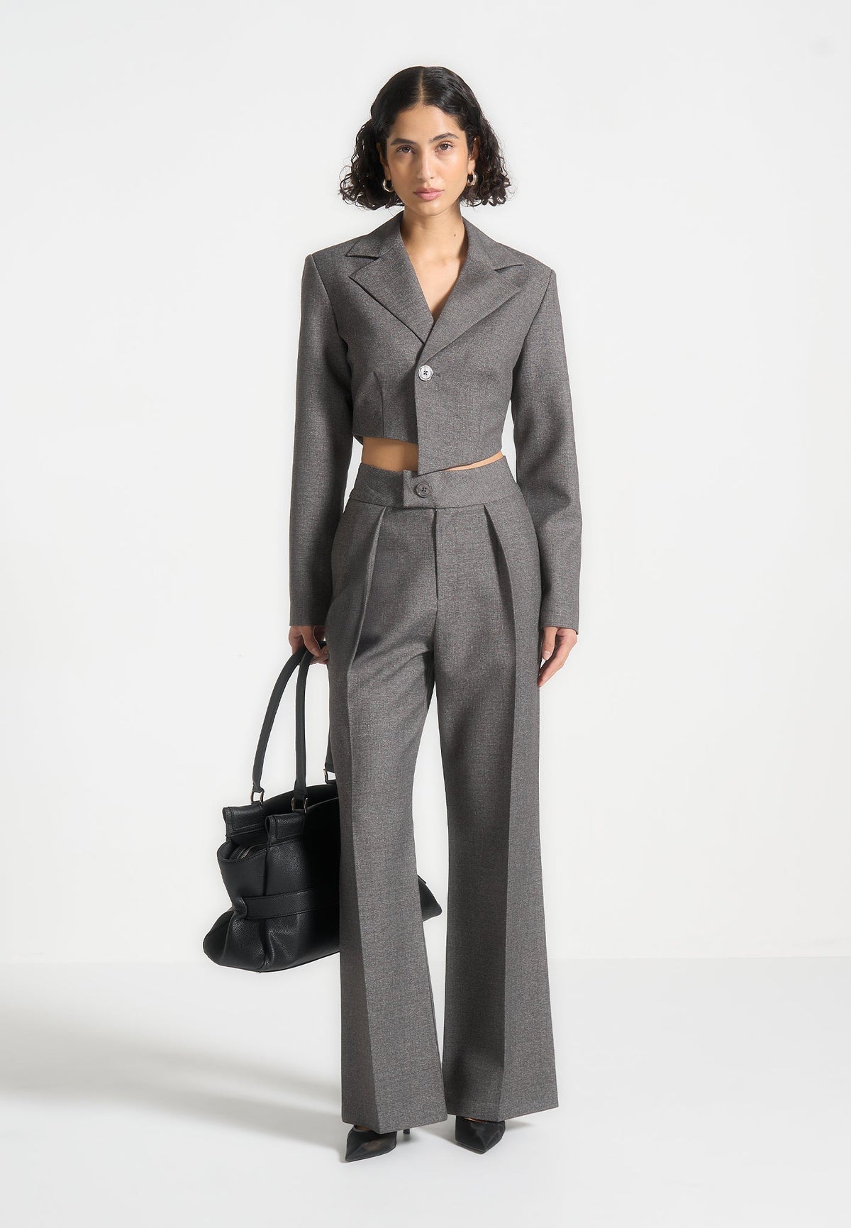 Dina - Asymmetric Tailored Cropped Blazer - Grey Marl