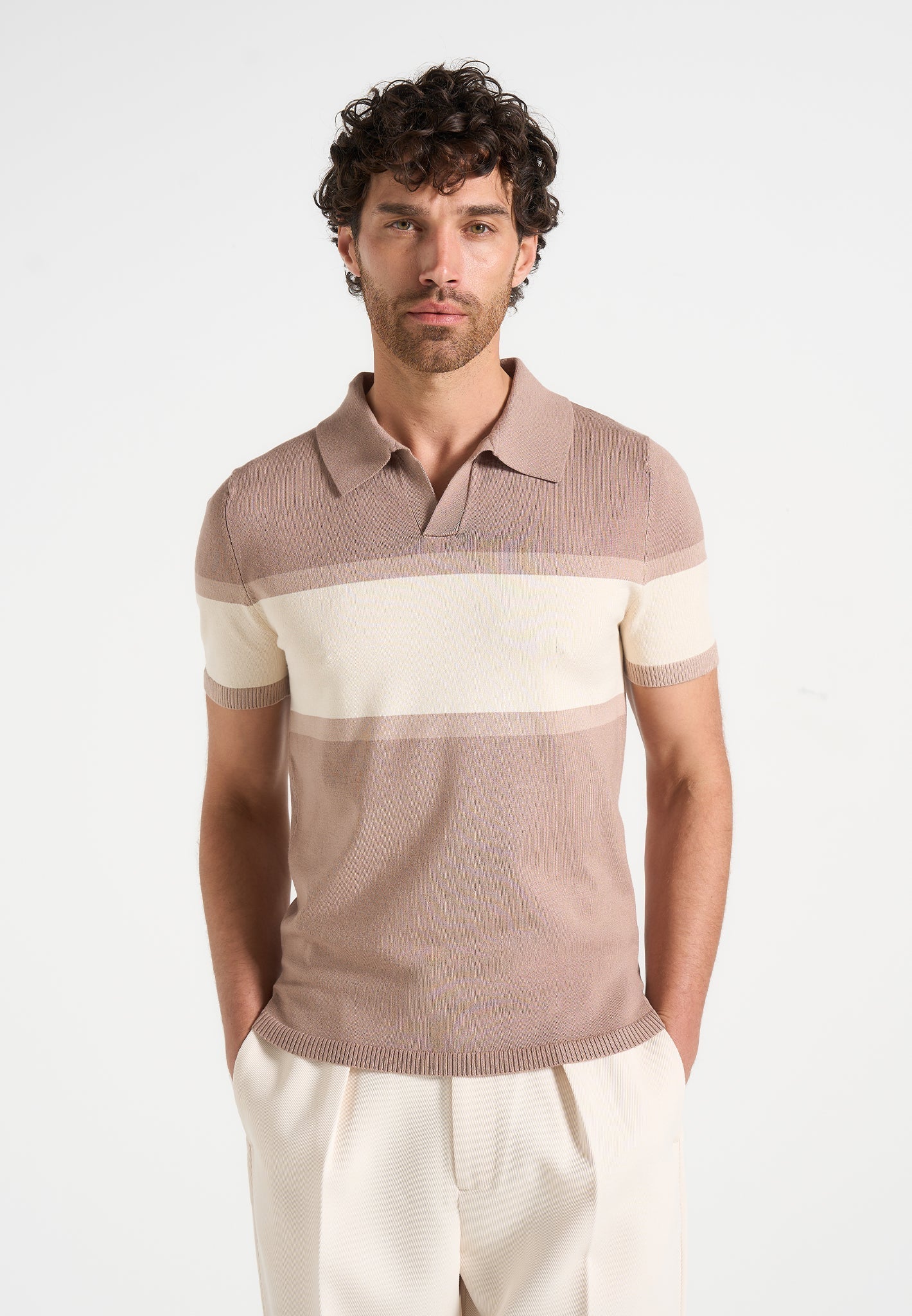 enzo-colour-block-polo-top-taupe 