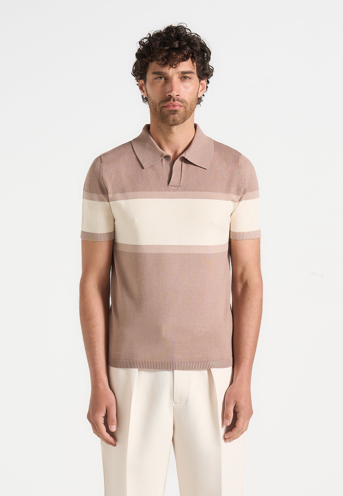 enzo-colour-block-polo-top-taupe