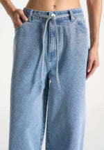 Faye - Wide Mid Rise Jeans with Tie Waist - Mid Blue