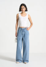 Faye - Wide Mid Rise Jeans with Tie Waist - Mid Blue