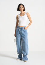 Faye - Wide Mid Rise Jeans with Tie Waist - Mid Blue