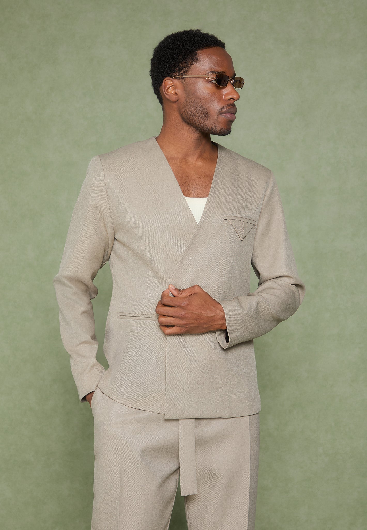 Colin - Collarless Double Breasted Minimal Blazer - Beige