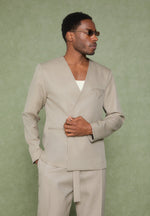 Colin - Collarless Double Breasted Minimal Blazer - Beige