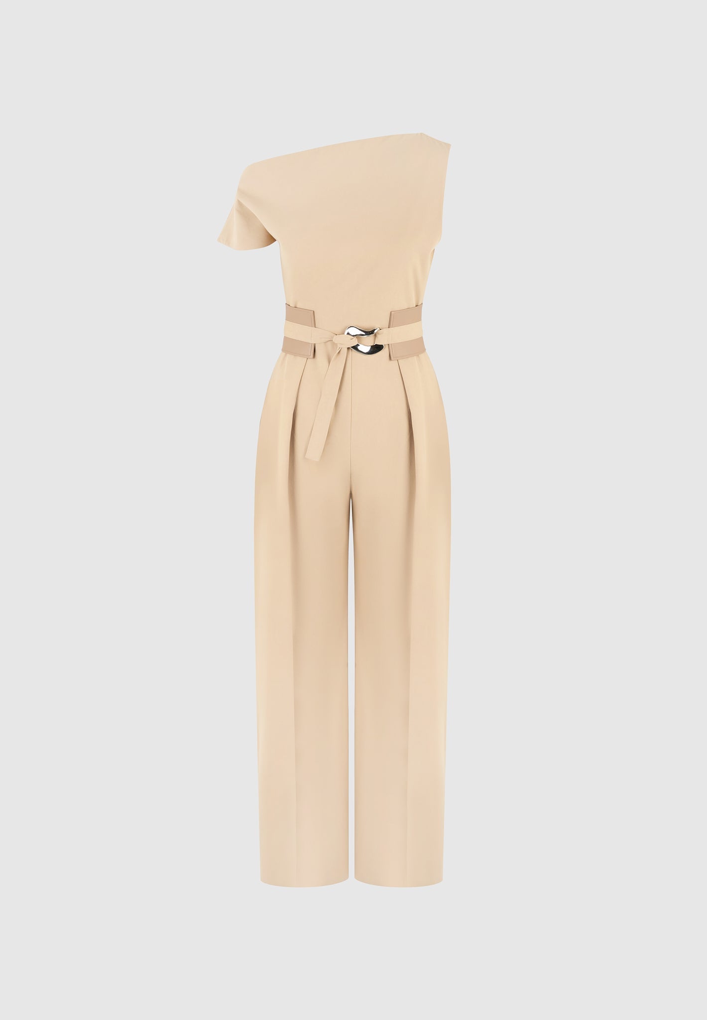 Valerie - Tailored Off Shoulder Jumpsuit with Belt - Beige