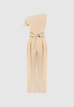 Valerie - Tailored Off Shoulder Jumpsuit with Belt - Beige