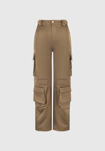 Emilie - Satin High Waisted Cargo Pants - Dark Olive