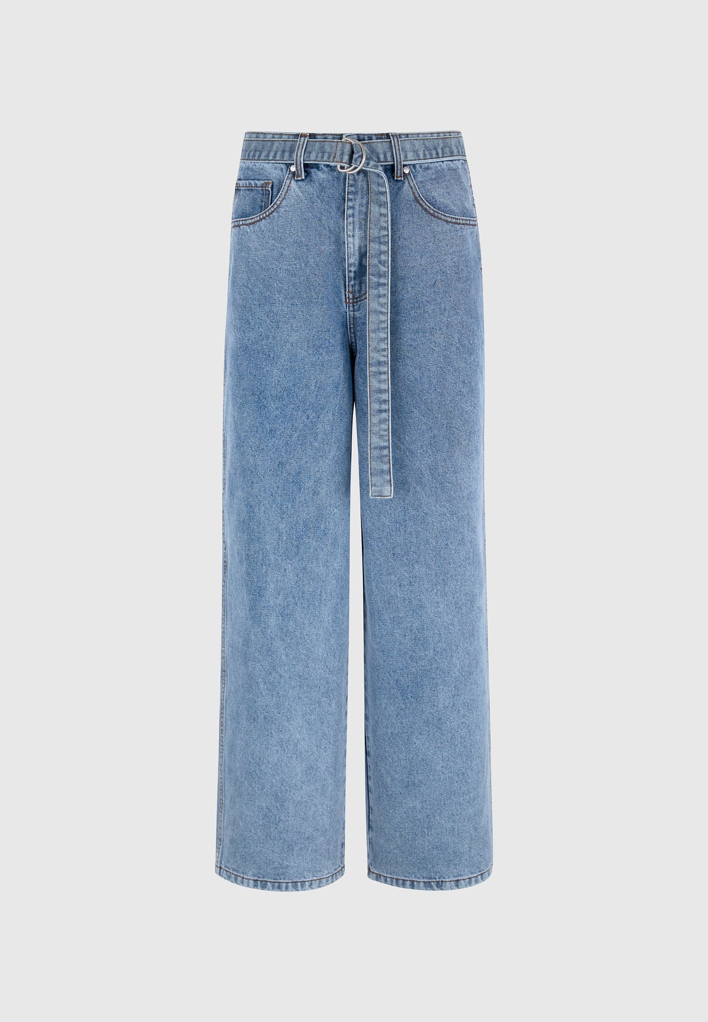 Adam - Wide Leg Belted Denim Jeans - Blue Wash