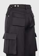Emilie - Satin High Waisted Cargo Pants - Black