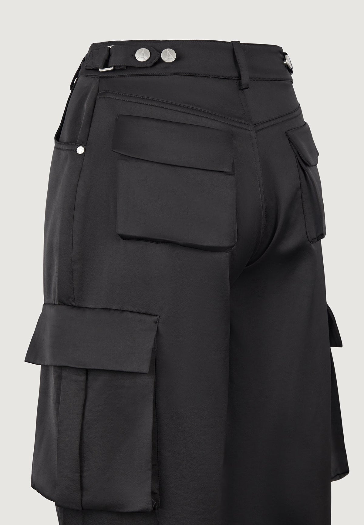 Emilie - Satin High Waisted Cargo Pants - Black