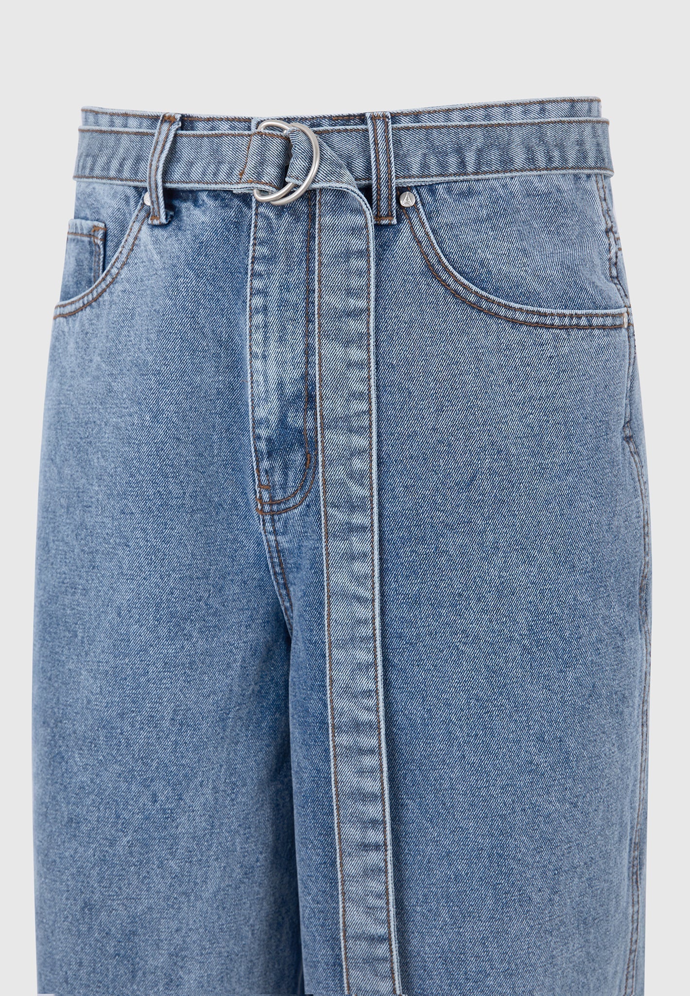 Adam - Wide Leg Belted Denim Jeans - Blue Wash