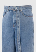Adam - Wide Leg Belted Denim Jeans - Blue Wash