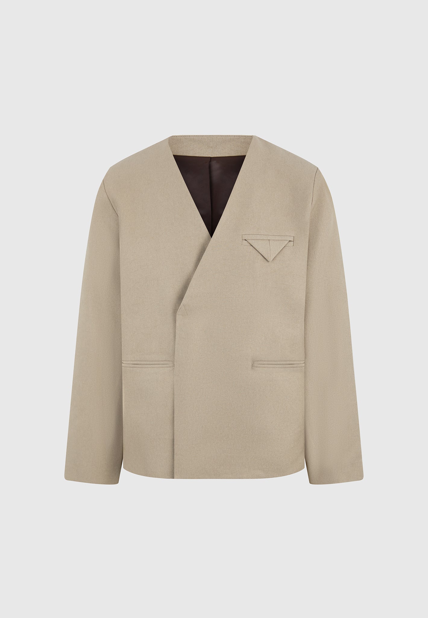 Colin - Collarless Double Breasted Minimal Blazer - Beige