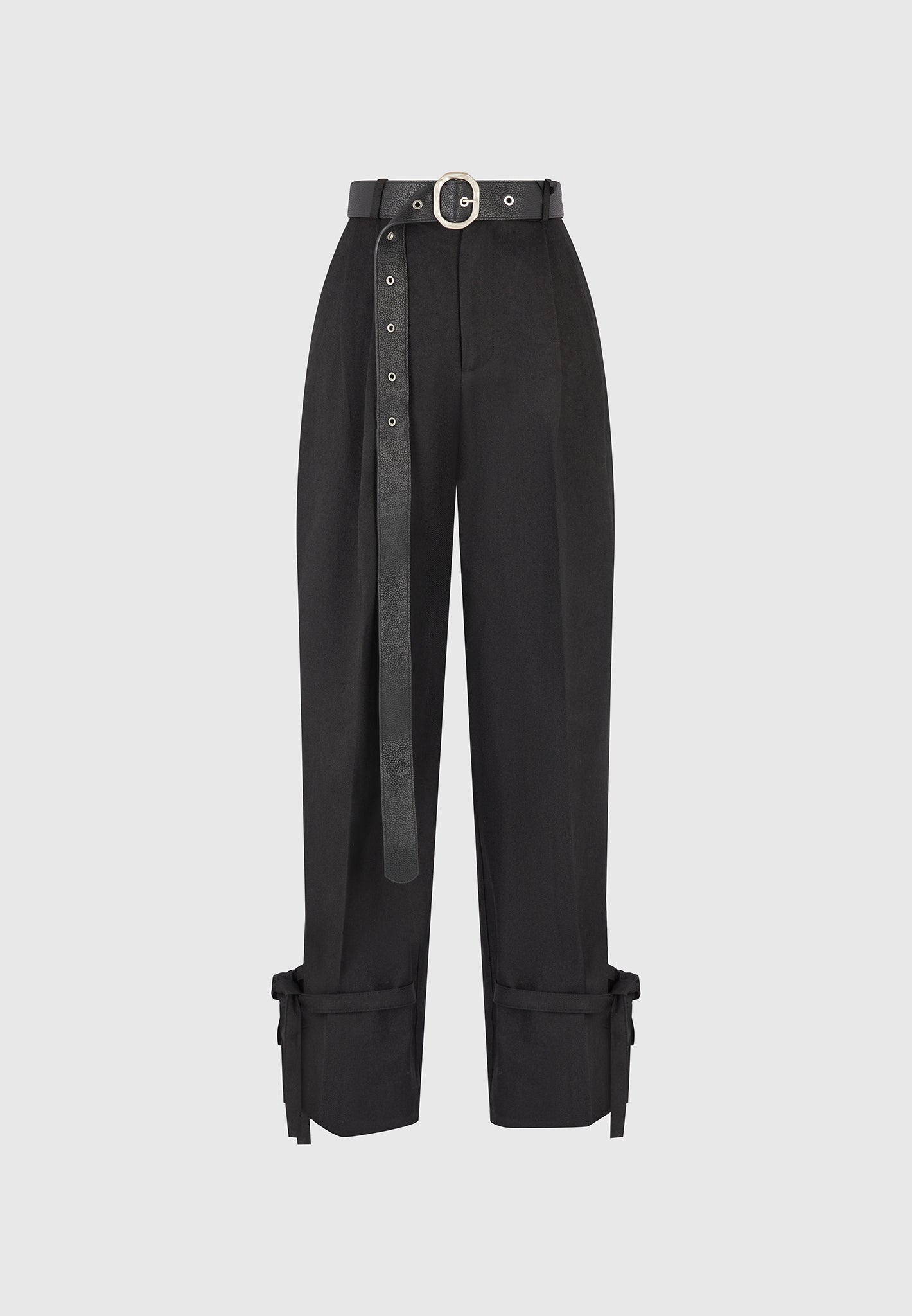 Suzanne - Tailored Pants with Oversized Belt and Ankle Ties - Black
