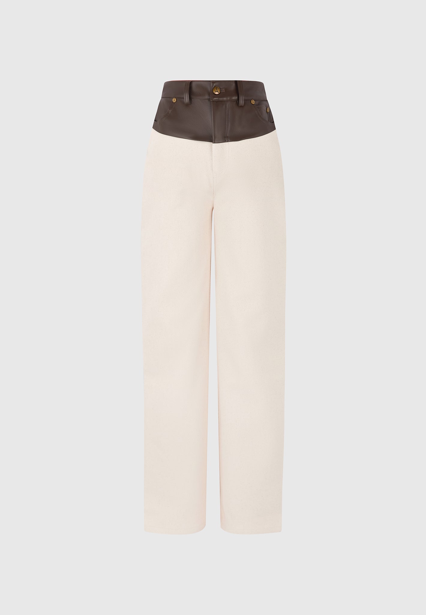 Renee - Denim & Leather Straight Leg Jeans - Cream/Brown
