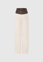 Renee - Denim & Leather Straight Leg Jeans - Cream/Brown