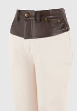Renee - Denim & Leather Straight Leg Jeans - Cream/Brown