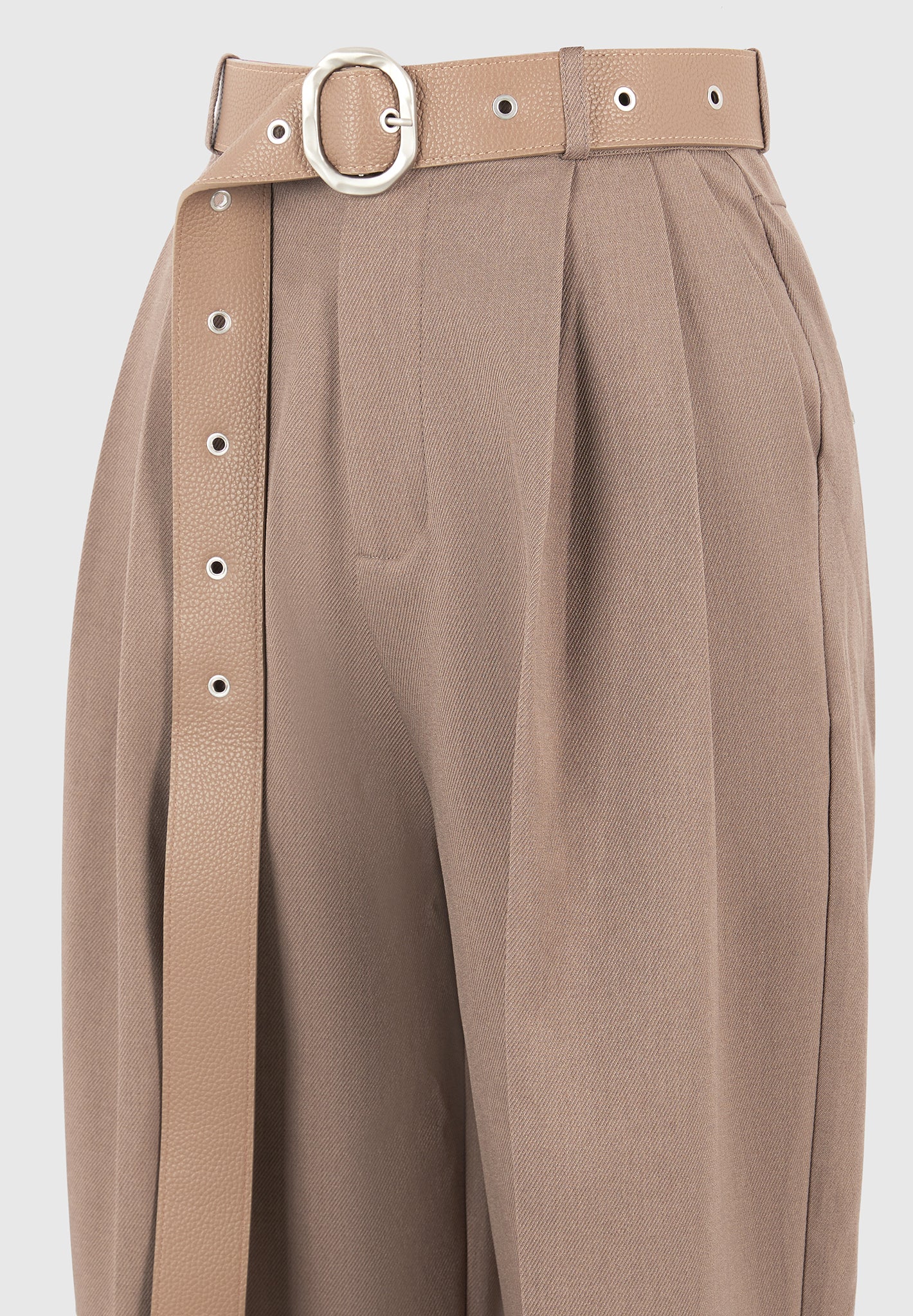 Suzanne - Tailored Pants with Oversized Belt and Ankle Ties - Taupe
