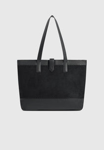 Nicolas - Suede & Pebbled Leather Whipstitch Tote Bag - Black