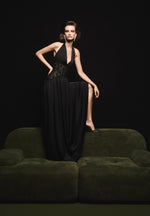 Ava - Halter Neck Embellished Corset Gathered Maxi Dress - Black