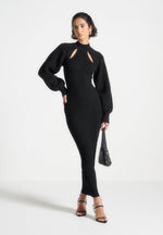 balloon-sleeve-knitted-contour-maxi-dress-black