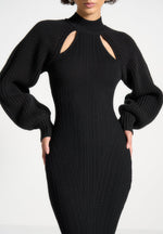 balloon-sleeve-knitted-contour-maxi-dress-black