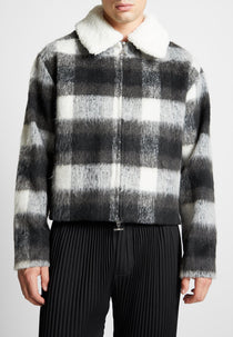Boxy Check Jacket With Borg Collar - Black/White
