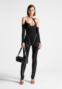 Chrome Piped Contour Bodysuit - Black