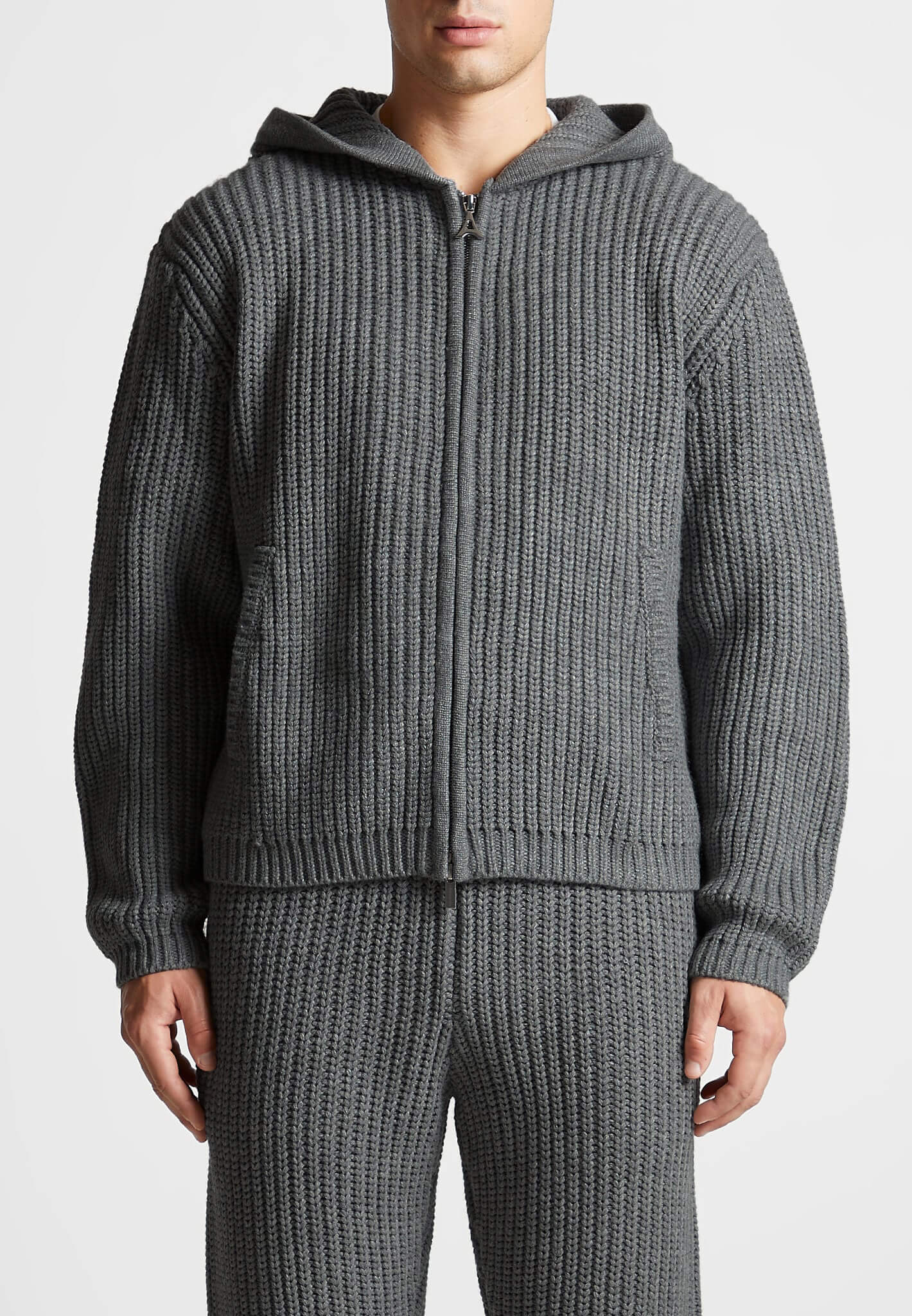 Chunky Knit Zip Through Hoodie - Charcoal Grey