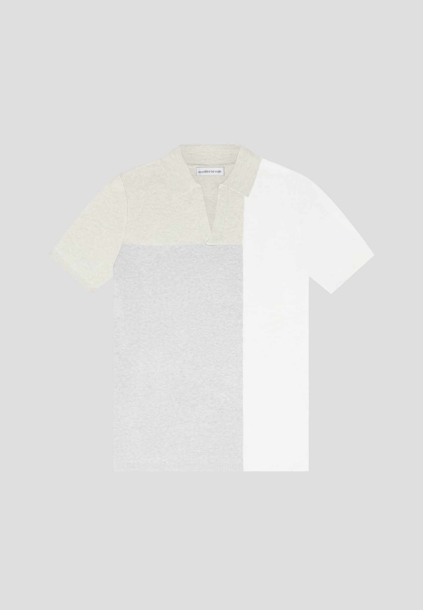Colour Block Knit Revere Polo Top - Beige/Grey