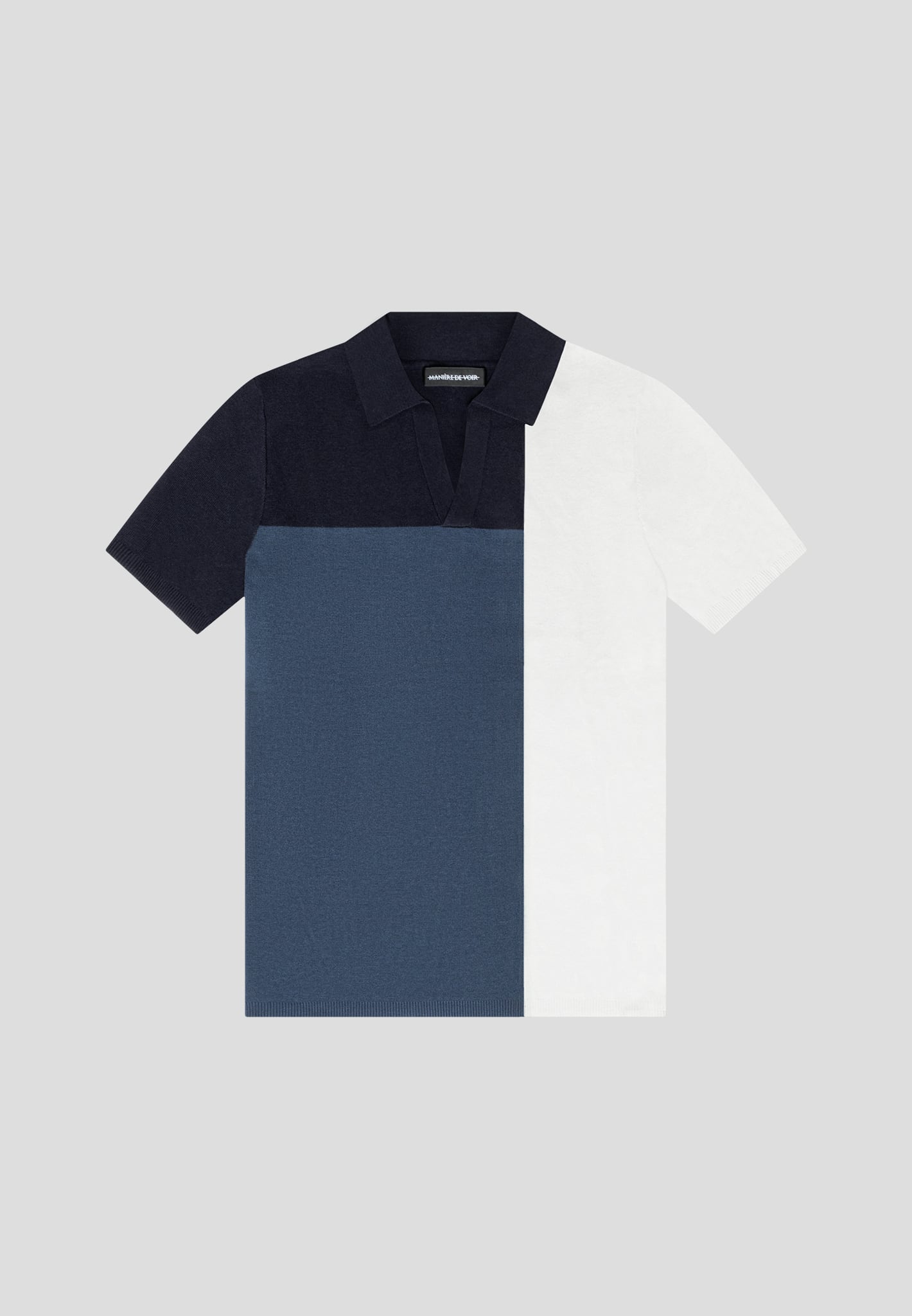 Colour Block Knit Revere Polo Top - Navy/Steel Blue