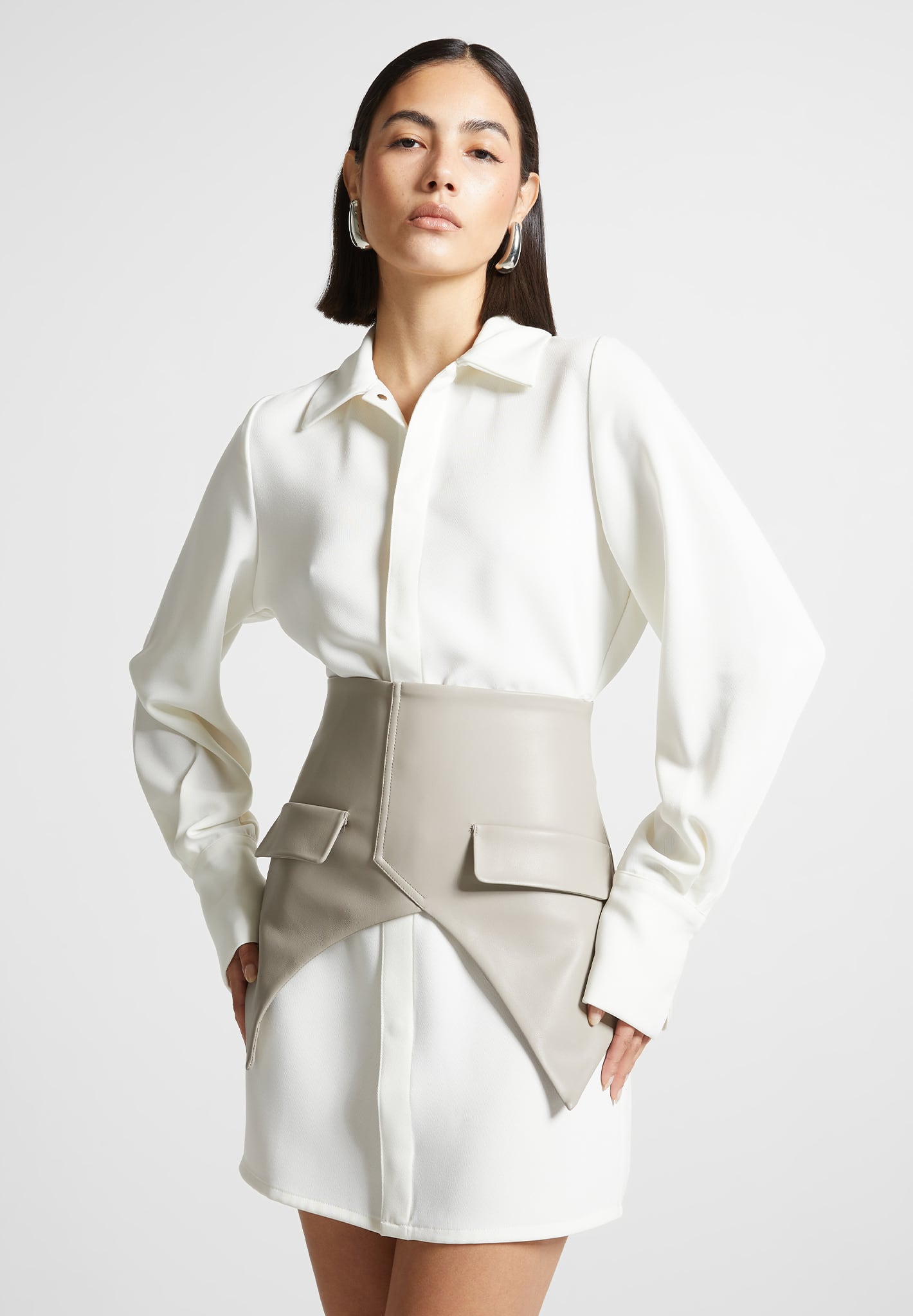 Corset Shirt Dress - White/Beige