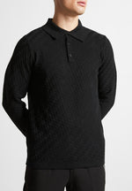 cotton-blend-waffle-knit-long-sleeve-polo-top-black