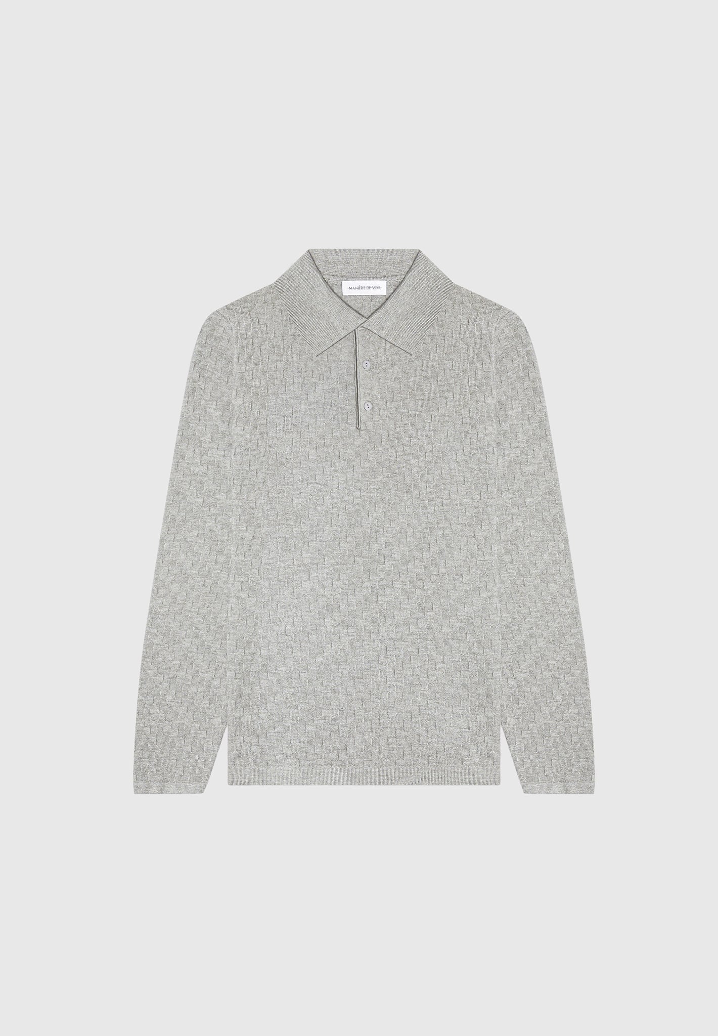 cotton-blend-waffle-knit-long-sleeve-polo-top-grey