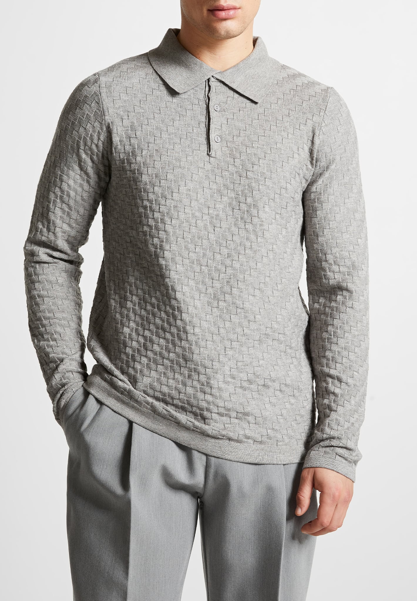cotton-blend-waffle-knit-long-sleeve-polo-top-grey