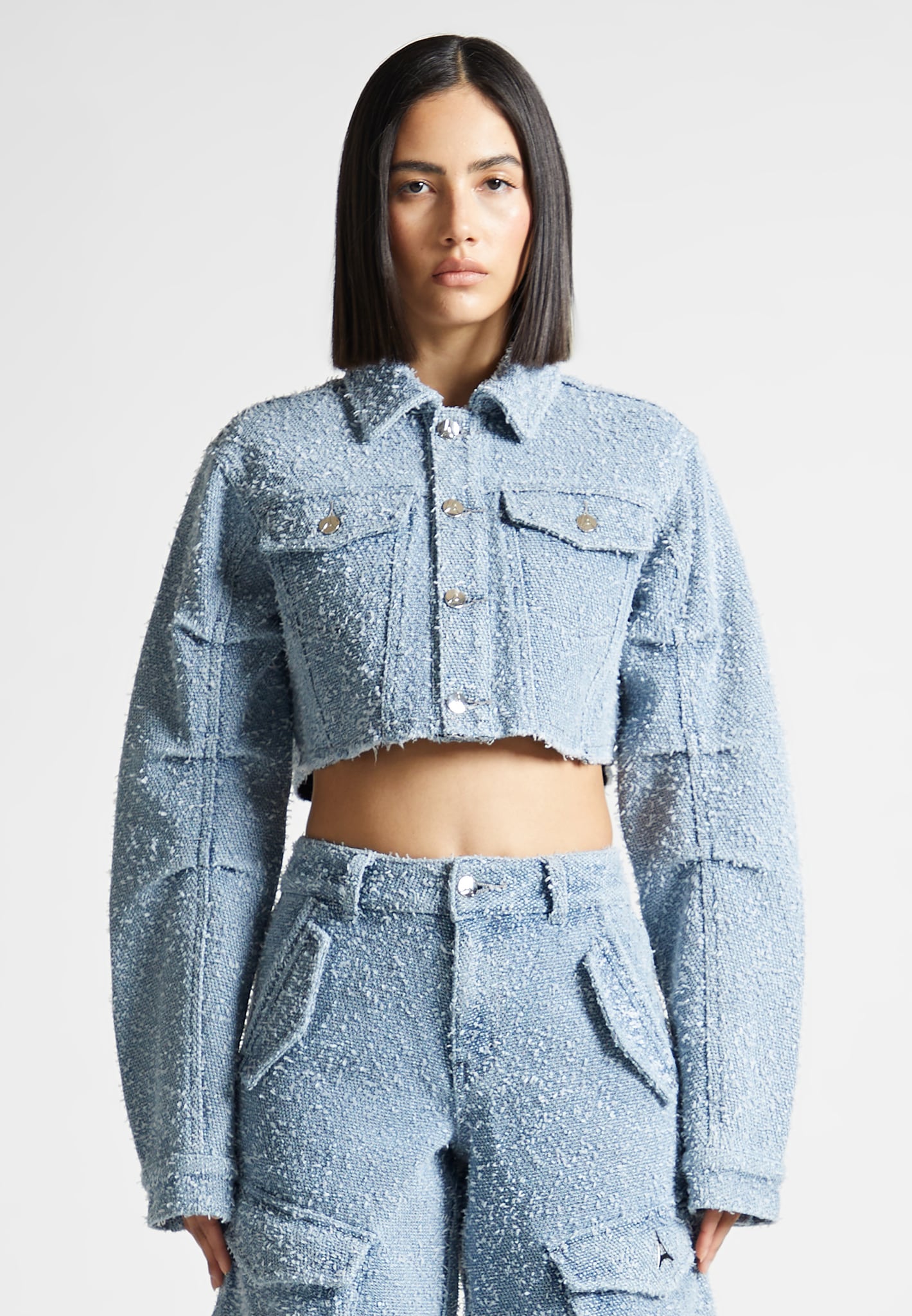 Catherine - Denim Cropped Boucle Jacket - Mid Blue 