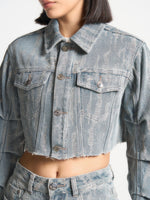 Alice -  Cropped Distressed Denim Jacket - Mid Blue