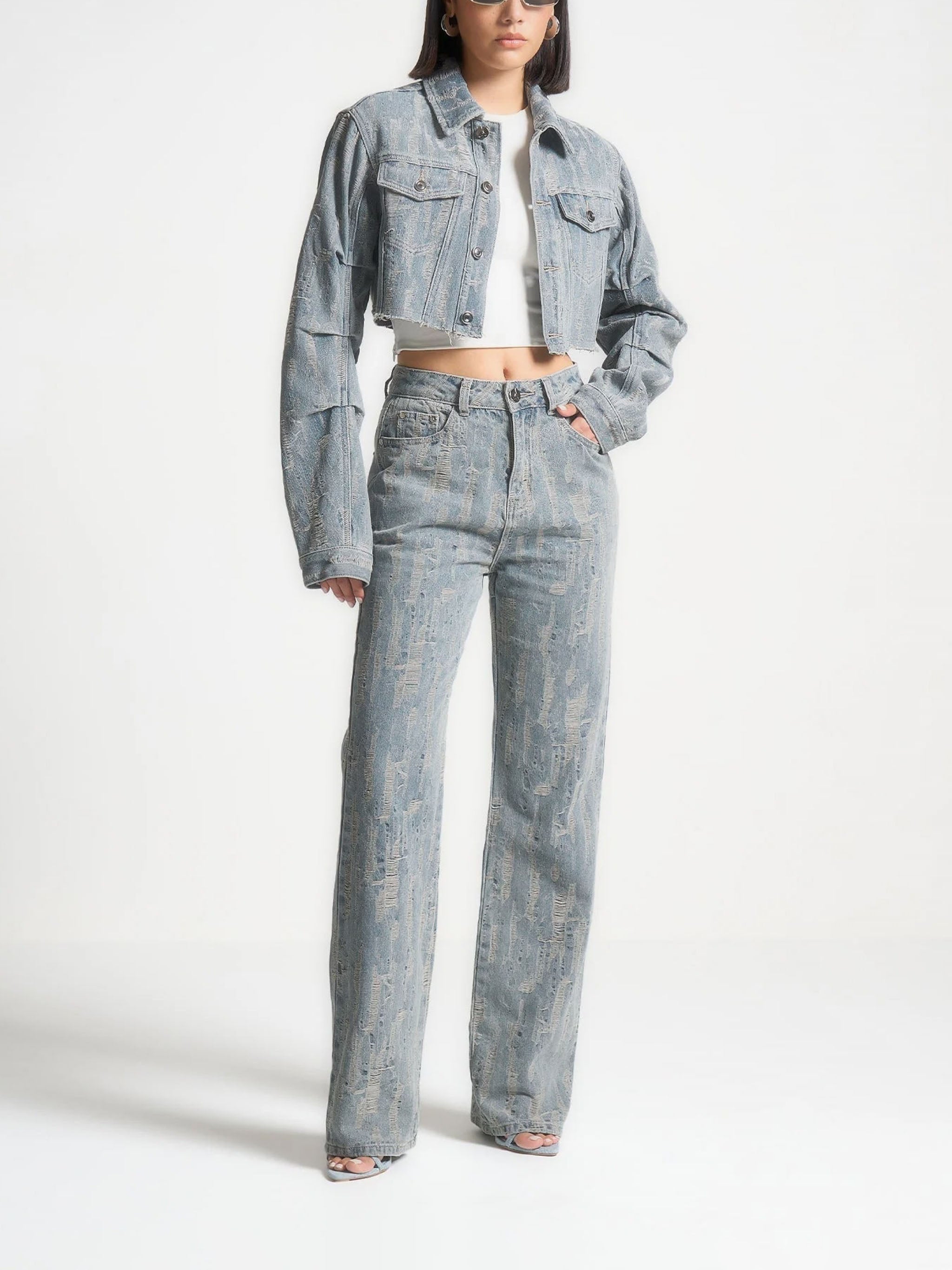 Alice -  Cropped Distressed Denim Jacket - Mid Blue 