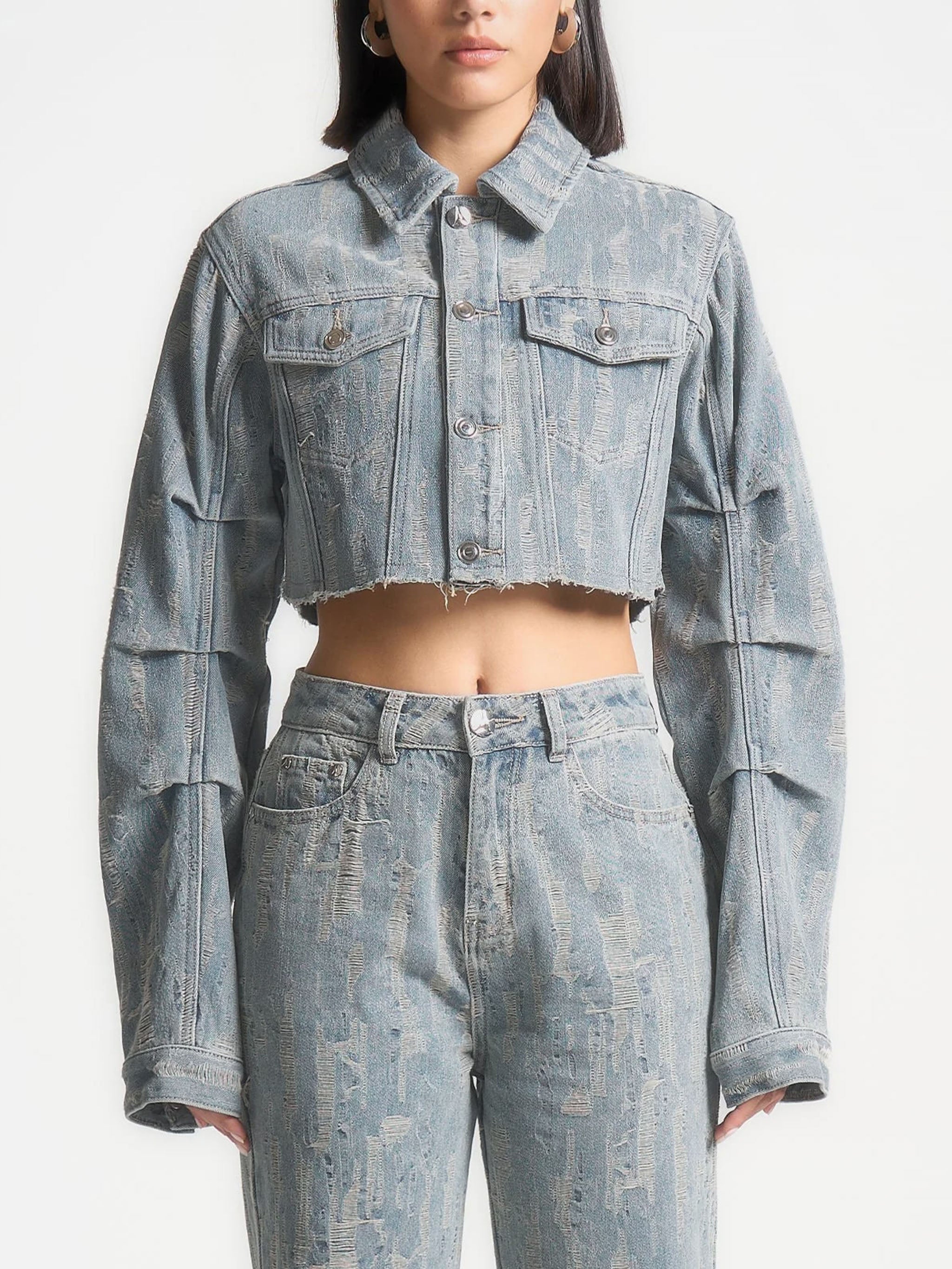 Alice -  Cropped Distressed Denim Jacket - Mid Blue 