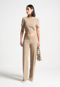 Curved Waist Tailored Trousers - Dark Beige