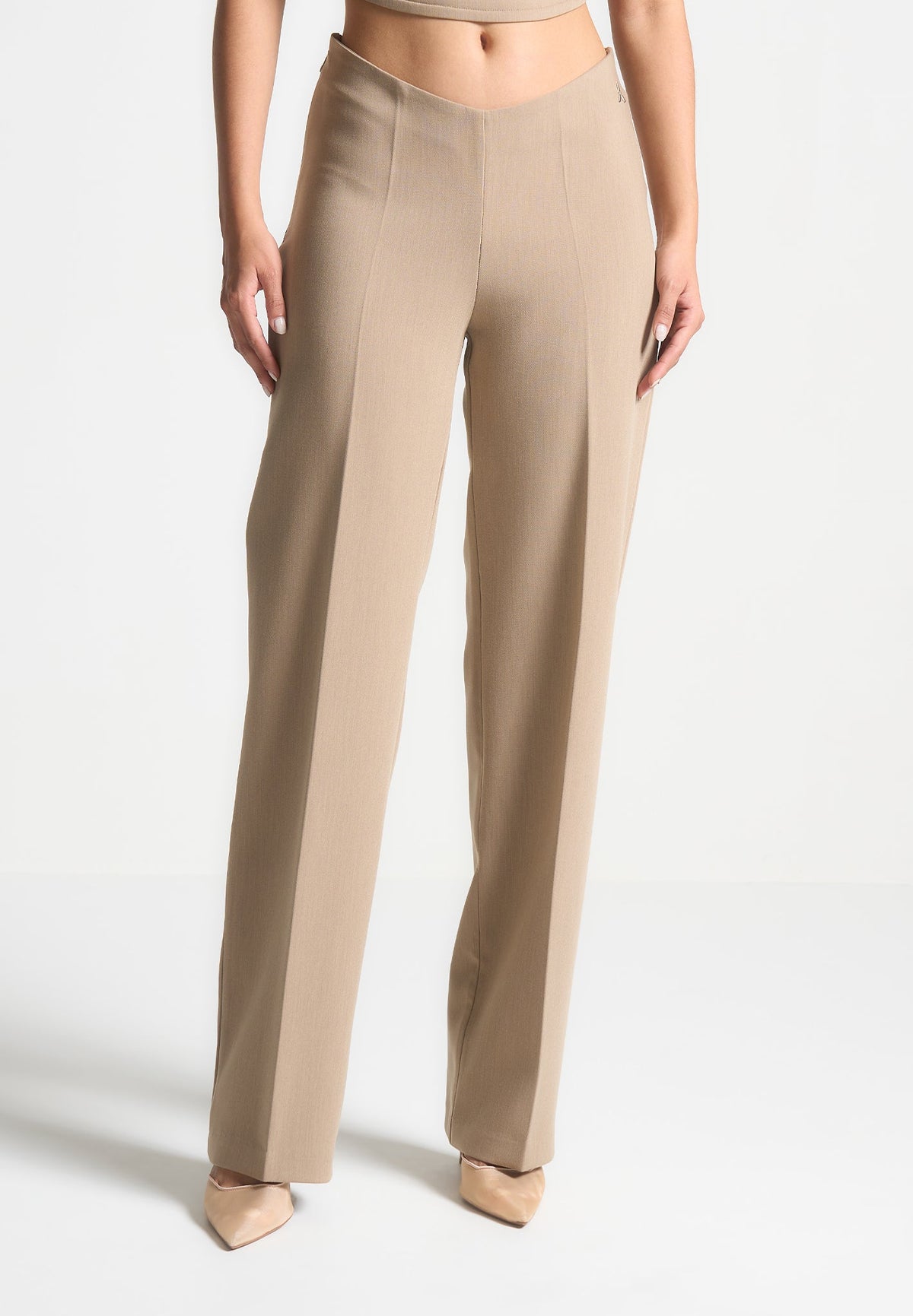 Curved Waist Tailored Pants - Dark Beige