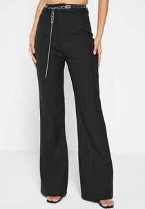 Cut Out Flared Trousers with Chain Belt - Black