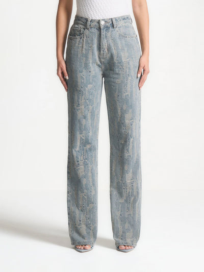 Posie - Distressed High Rise Straight Leg Jeans - Mid Blue