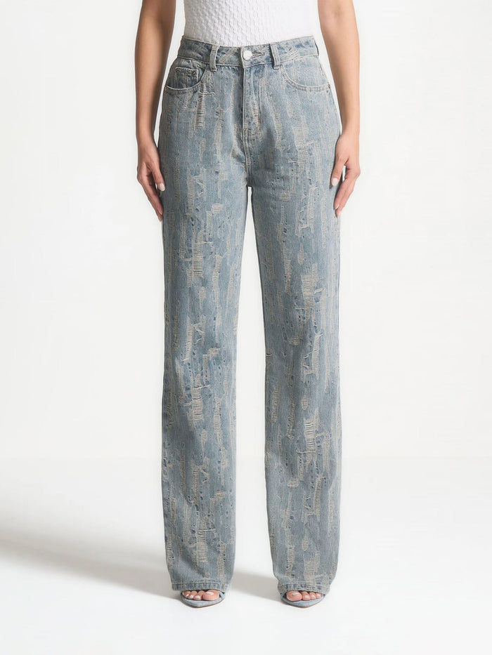 Posie - Distressed High Rise Straight Leg Jeans - Mid Blue